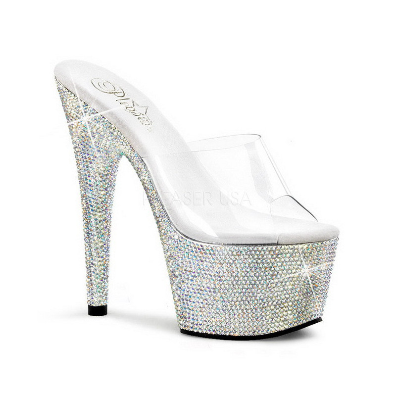 Trasparente Argento 18 cm BEJEWELED-701DM Strass Plateau Mules Alte