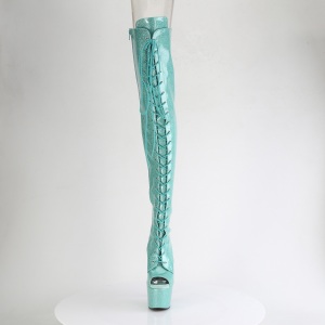 Glitter 18 cm PEEP TOE Green thigh high boots with laces high heels