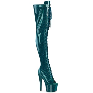 Glitter 18 cm PEEP TOE Teal thigh high boots with laces high heels