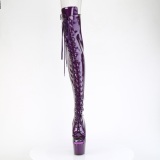 Glitter 18 cm PEEP TOE Violet thigh high boots with laces high heels