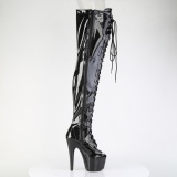 Glitter 18 cm PEEP TOE black thigh high boots with laces high heels