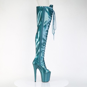 Glitter 20 cm PEEP TOE Teal thigh high boots with laces high heels