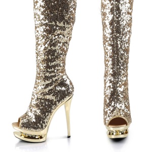 Gold Sequins 15 cm PLEASER BLONDIE-R-3011 Platform Over Knee Boots