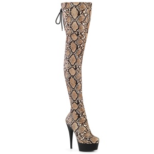 Patent snake pattern 15 cm DELIGHT brown overknee boots with laces