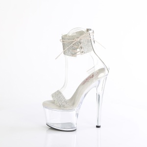 Silver 18 cm PASSION-727RS transparent platform high heels with ankle straps