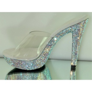 Transparent 13 cm COCKTAIL-501DM Platform High Heel Mules Rhinestone